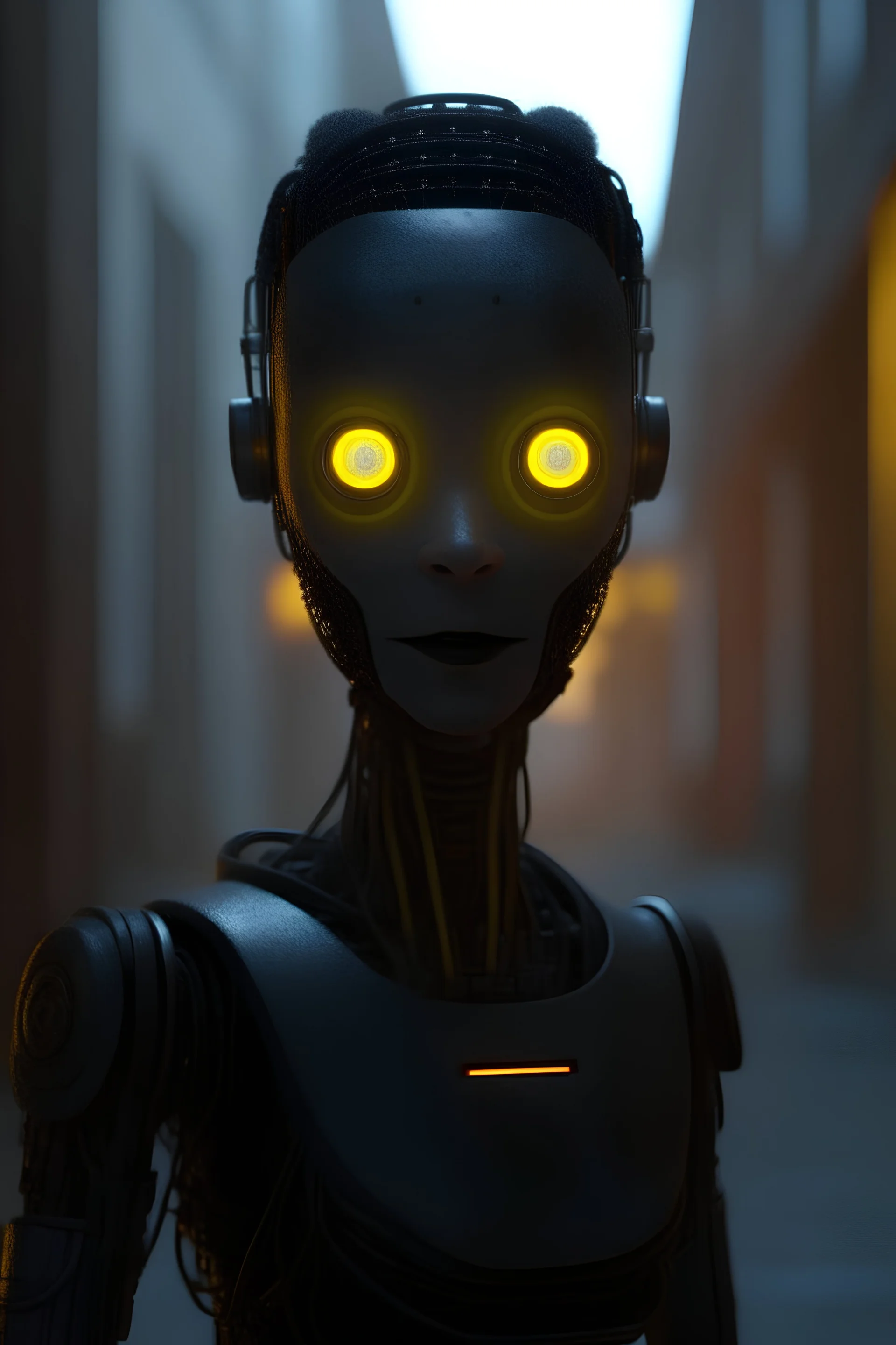 new york underground, a cute female chat robot that stares at the camera like its the prettiest demon he has ever seen, its such a perfect day, motion blur, smoke, 8k, downlight, soft light, depth of field, photorealism, trending on art station, lotsa detail