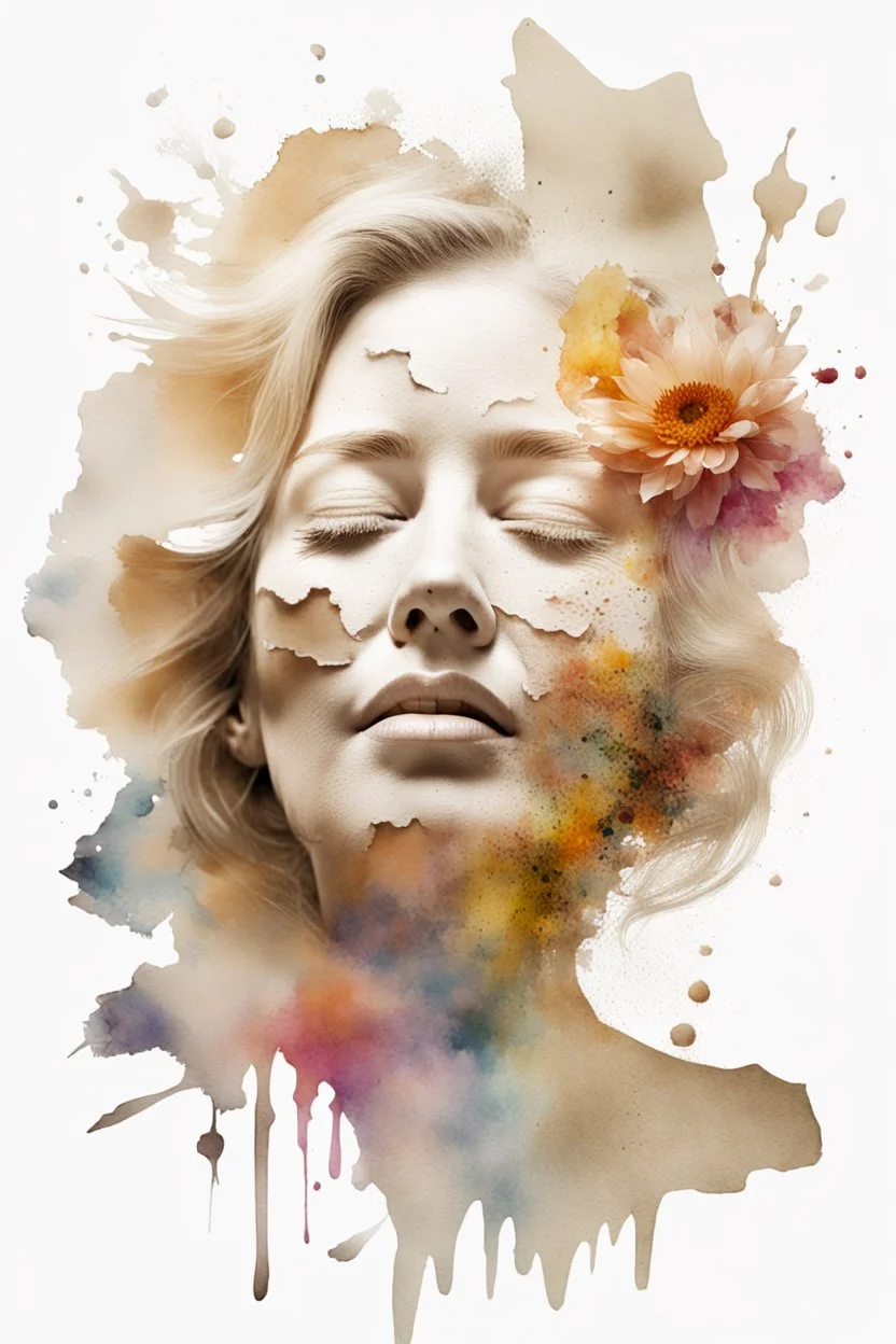 white background, double exposure, old torn paper, watercolor, splashes, blots, woman 50 years old, blonde flower, closed eyes, fine drawing, high resolution, double exposure, 8K