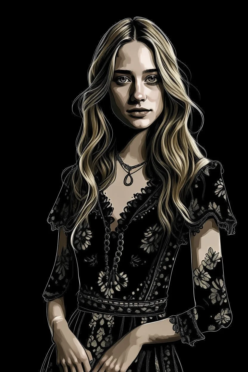 A girl in her late twenties, with slightly sharp features, long blond hair and hazel eyes, wearing a Chanel dress, with a rustic look, sketch, on a black background