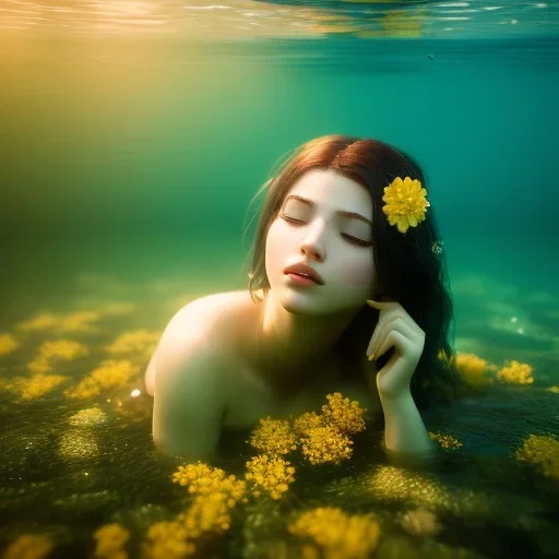 girl underwater with yellow flowers for hair, closed eyes, rtx, reflection, 8k, glow, winning photography, caustics