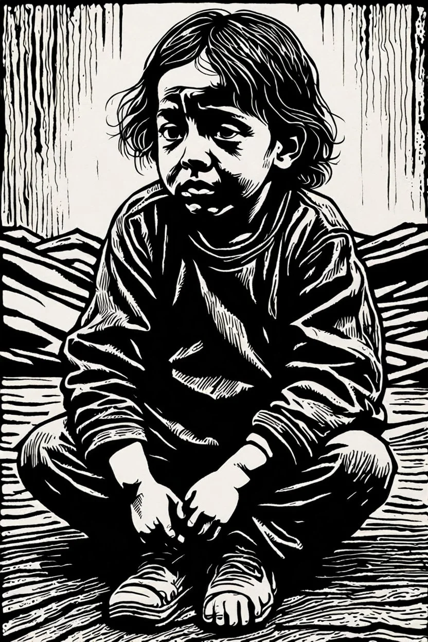 create a deeply powerful tragic, heart wrenching, and evocative, full body woodcut of a raw and weathered young refugee child with highly detailed and deeply cut facial features, lost in a horrific post apocalyptic Gaza, in the style of KATHE KOLLWITZ , searing lines and forceful strokes