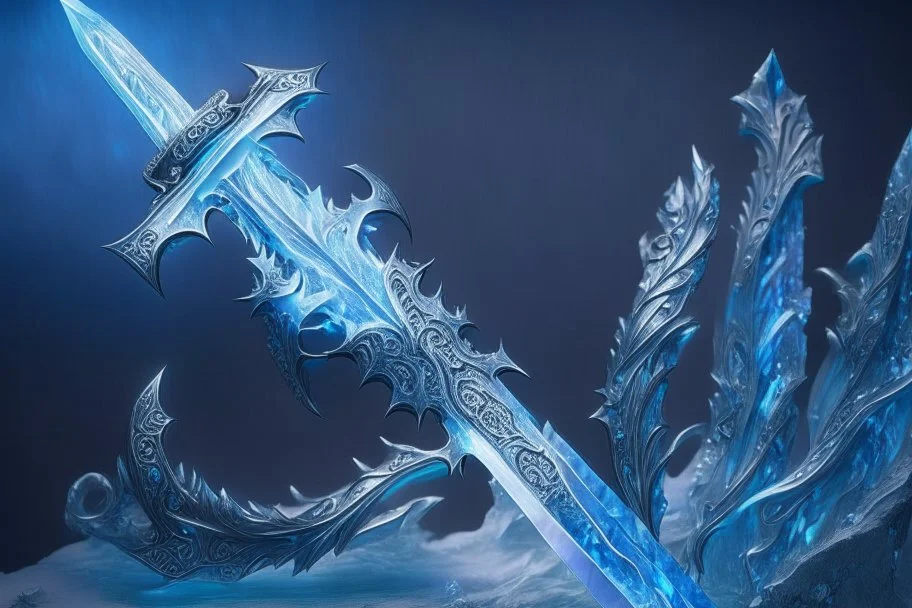 A fantasy greatsword that is a slender, translucent blade made of ice, shimmering with an ethereal blue glow. Its hilt is crafted from swirling vines, leading to a vibrant crystal at the pommel. With a black background behind it. HD