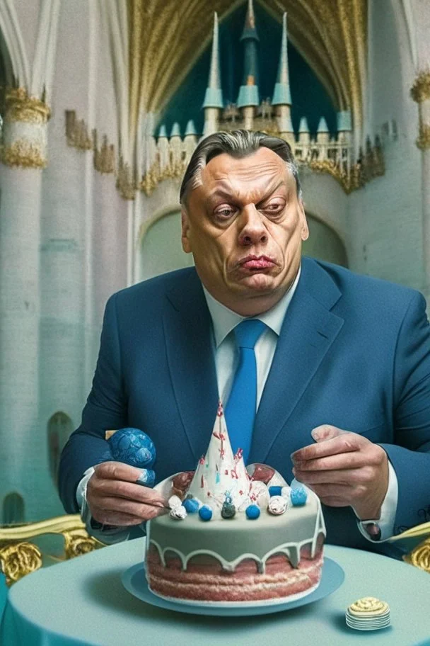 ugly viktor orban in a suite eating birthday cake in a castle. There are soccer balls around