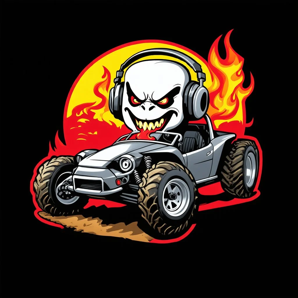 A logo for a rock band inspired by the styles of Ed "Big Daddy" Roth, graffiti art. sinister, evil marshmallow head with headphones in a dune buggy. The marshmallow head is breathing red flames. The background is dark.