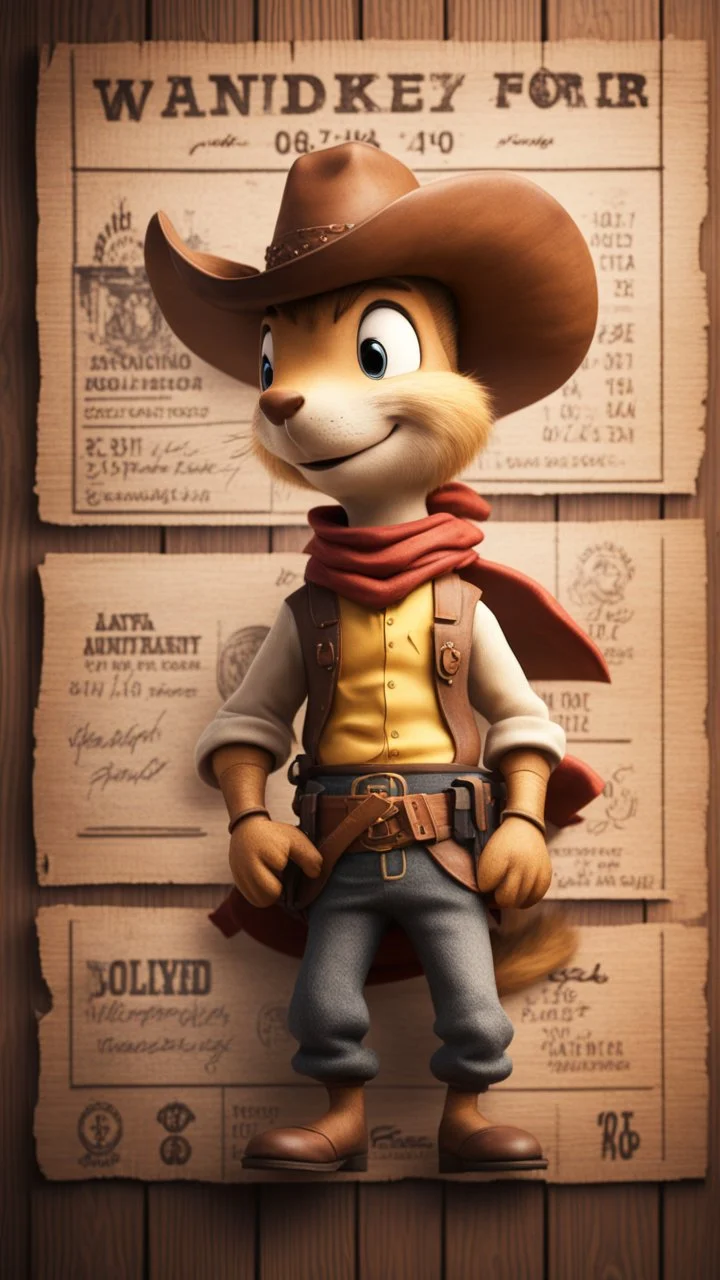 wanted poster on wooden wall depicting a handsome cute cowboy Lucky Luke squirrel ninja,bokeh like f/0.8, tilt-shift lens 8k, high detail, smooth render, down-light, unreal engine, prize winning