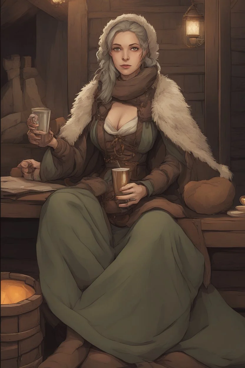 DnD style, medieval woman dressed in warm winter clothes sitting in a tavern