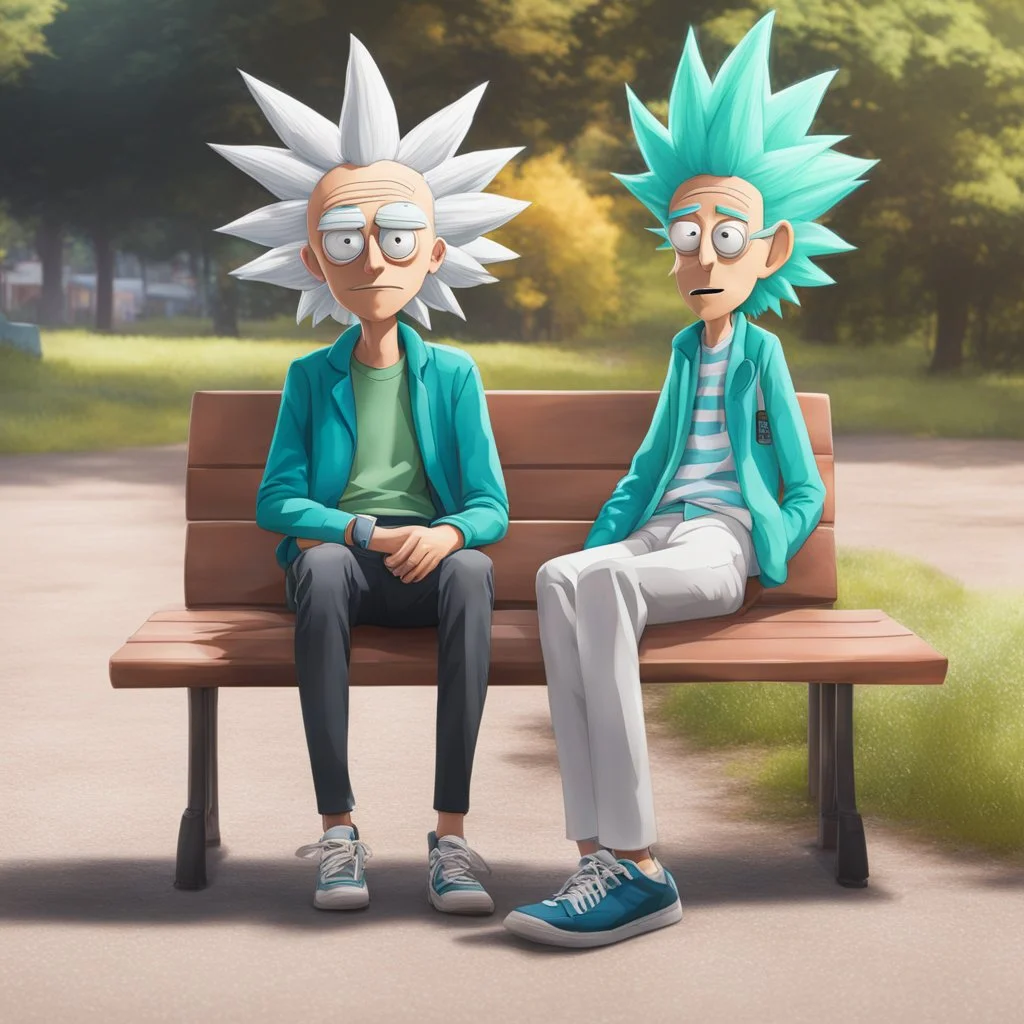 [photorealistic] crazy Rick Sanchez and youthful Morty Smith , sitting on a bench