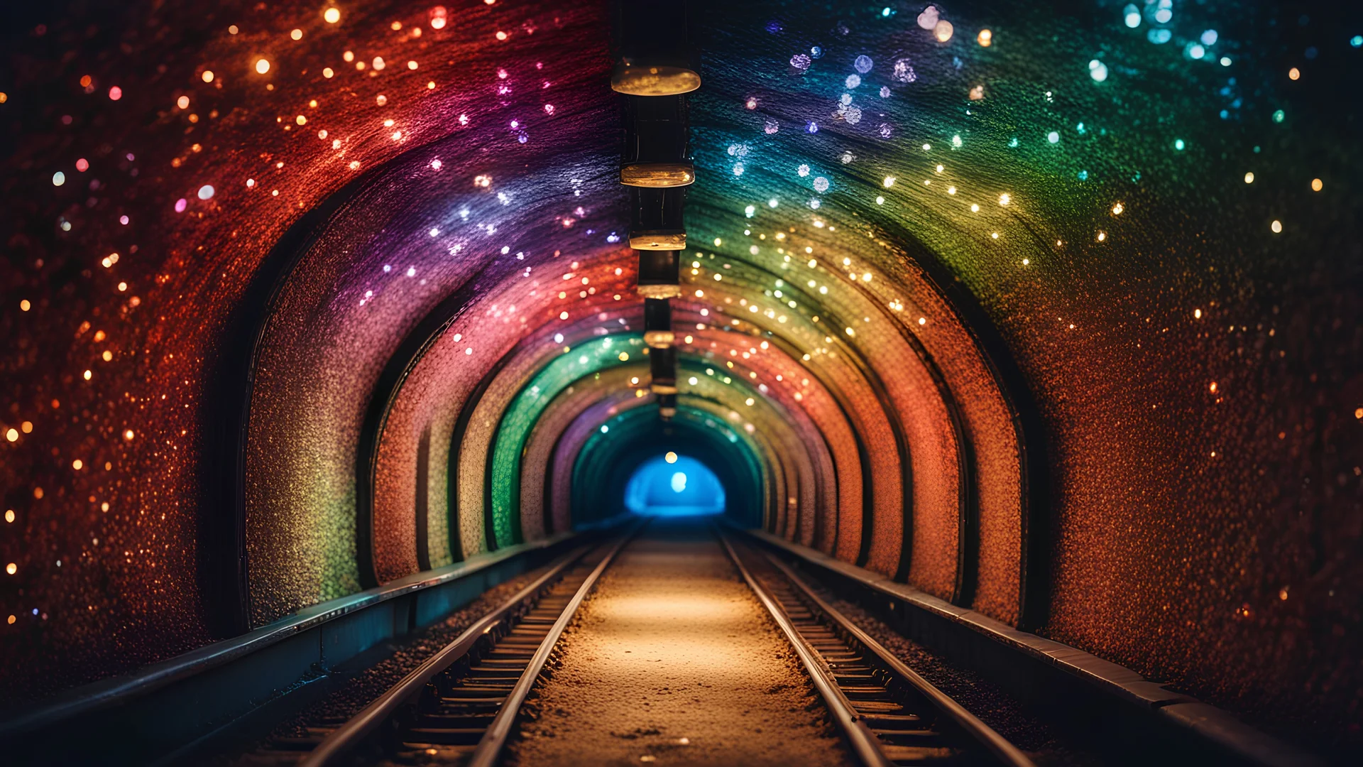 dream world, vast enormous warm underground railway tunnel, tiny multicoloured gemstones, twinkling lights, calm beauty, fantasy world, magic, night, darkness, splendor, uplifting, inspiring, therapeutic, chiaroscuro, color, award-winning colour photograph, beautiful composition, Nikon 35mm