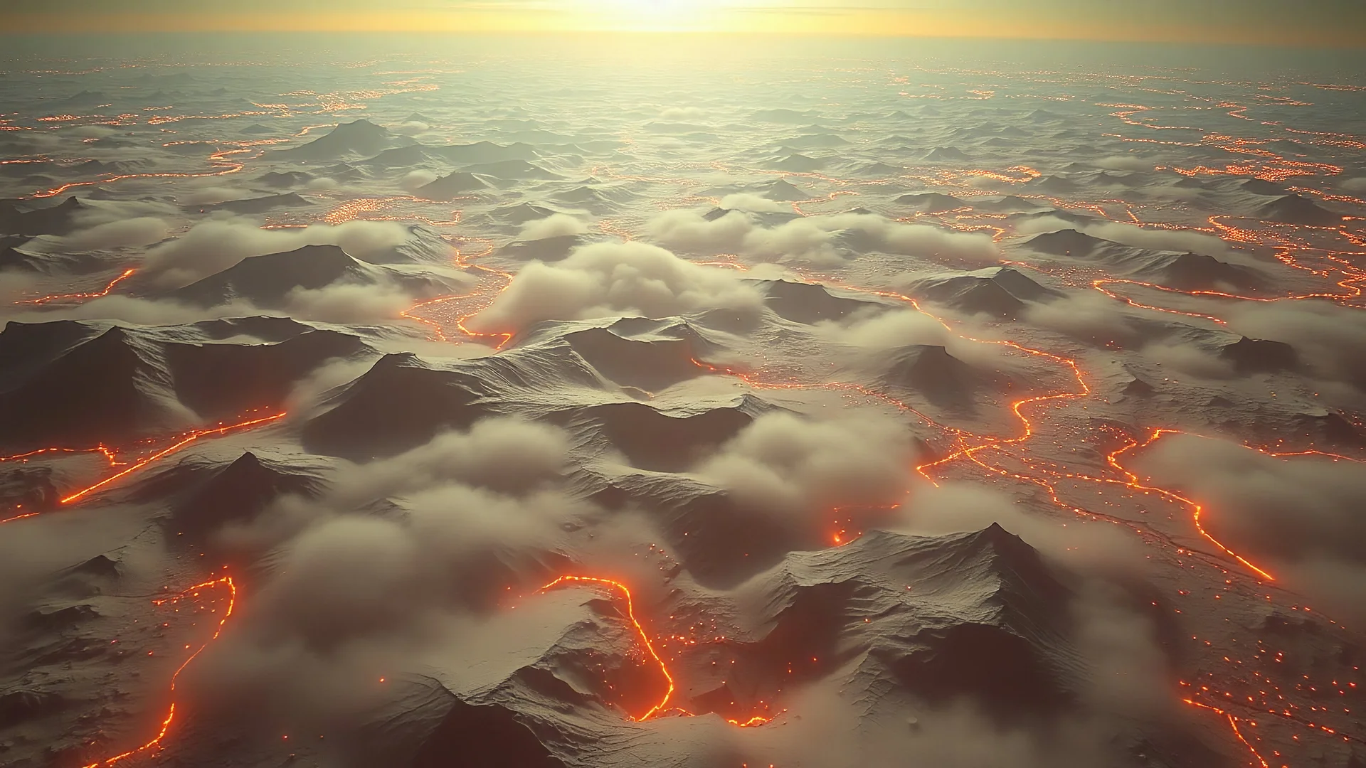 aerial view of a landscape covered in ichor that looks futuristic with futuristic lighting, horizon, realistic rendering