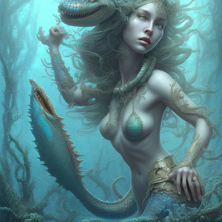 sango fantasy, fantasy magic, intricate, sharp focus, illustration, highly detailed, digital painting, concept art, matte, artgerm and paul lewin and kehinde wiley, masterpiece sexy lips African lady crab body mermaid alligator head turquoise space lady beach sea under water mermaid seaweed