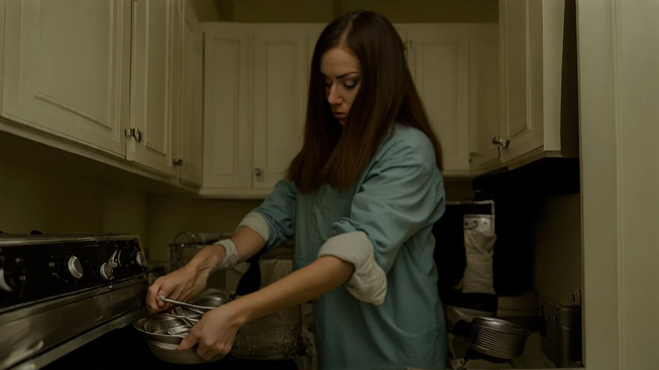 very confused young woman places a few metal spoons into the household dryer