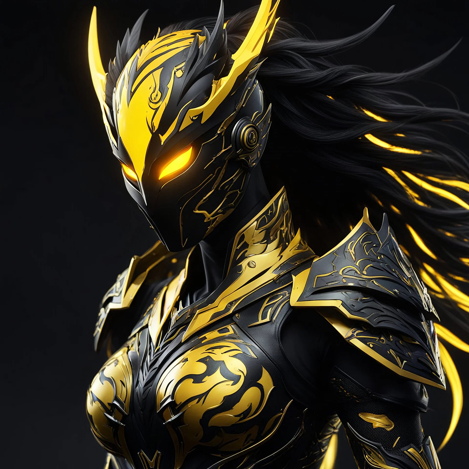 carnage female yellow and black dark night armor in 8k solo leveling shadow artstyle, dark night mask, glowing yellow eyes, profile picture 8k ultra quality, intricate details, highly detailed, high details, masterpiece,ultra detailed, ultra quality