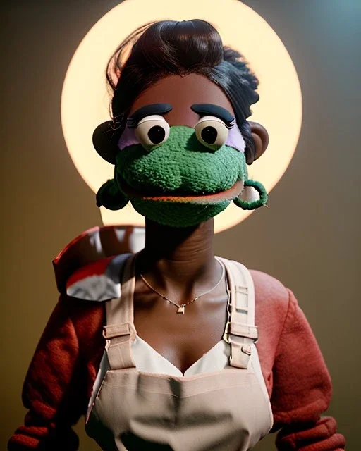 Waist up Portrait, hybrid character, waitress woman with monster muppet mask that covers her entire head, retro style, Sesame Street style, smooth, unreal engine 5, god lights, ray tracing, RTX, lumen lighting, ultra detail, volumetric lighting, 3d.