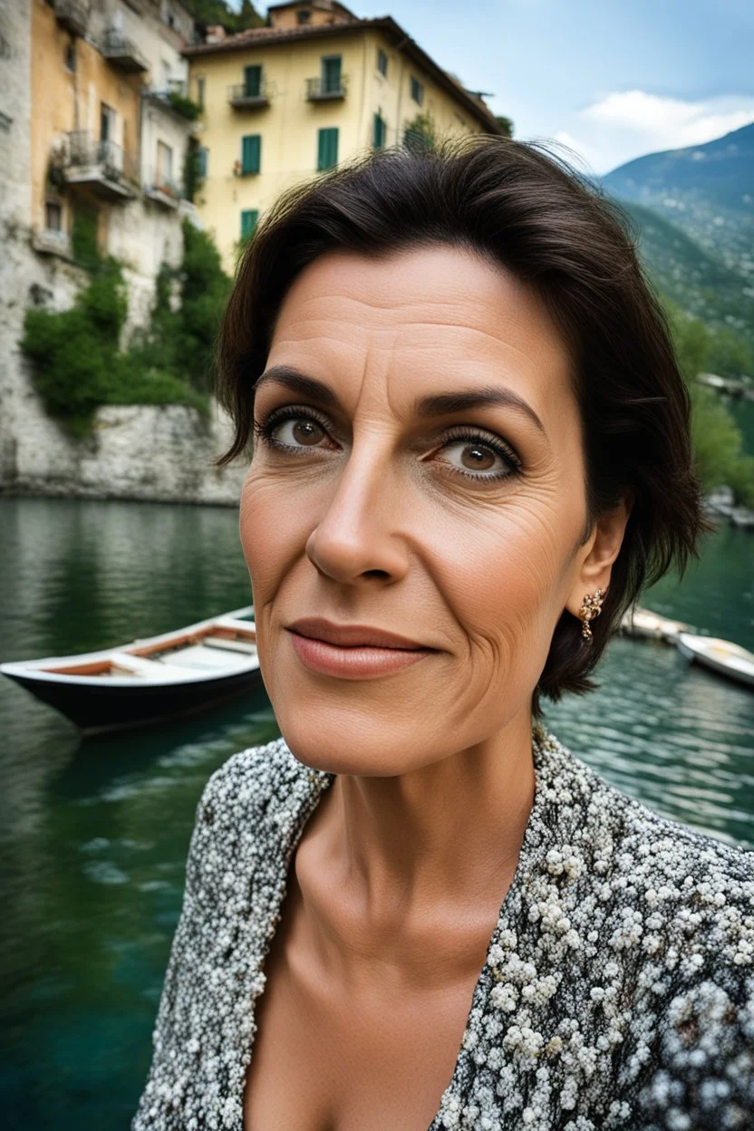 Act like a fashion photographer. Create a natural, realistic photograph of a small Italian town at Como Lake in late spring with a 40-year-old, looking younger than her age, beautiful, Italian woman in Monica Belluci style with short hair and black eyes. Use a fisheye lens and a Fuji T30 camera for mild light, warm, golden hour photos from a distance, elegant red dress,