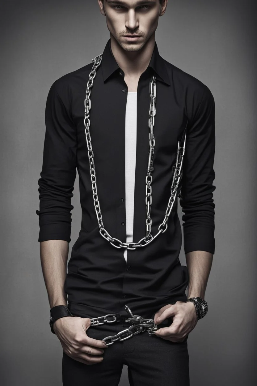 A black shirt for men open be at noon and in the openings contains chains