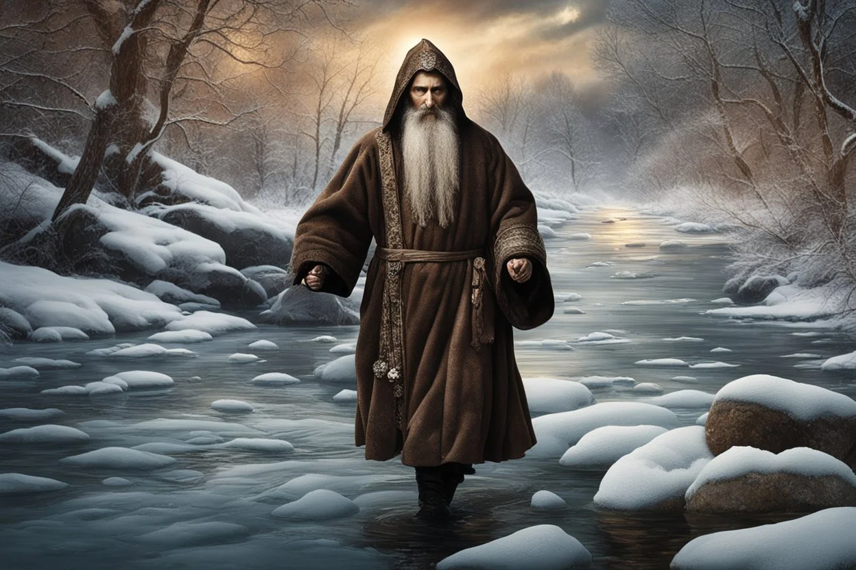 Mystical mad monk Rasputin legendary figure of Russian folklore, bullet-ridden floating face-up into a frigid icy river with mad eye open, dramatic kinetic energy encapsulated, digital illustration accentuating intricate Russian motifs, traditional costumes brimming with details, moonlit landscape, brisk winter scenery, hyper-realistic water texture, high contrast lighting, ultra detailed, historic