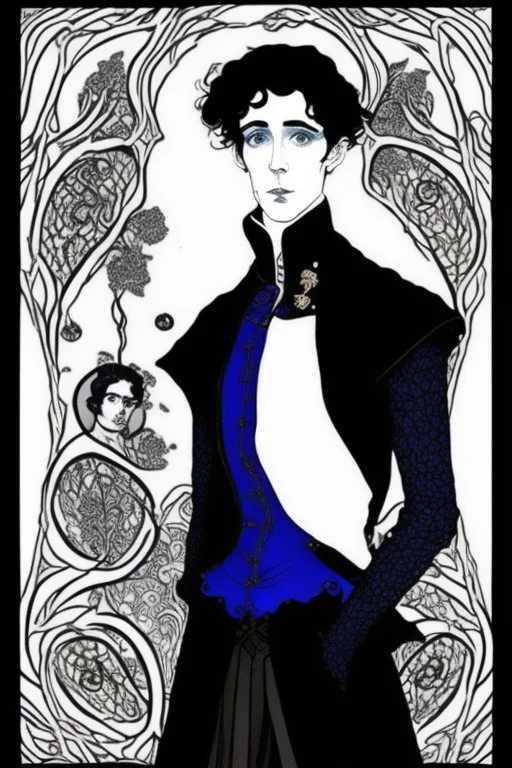 Black haired blue eyed freckled young male warlock in the style of aubrey beardsley