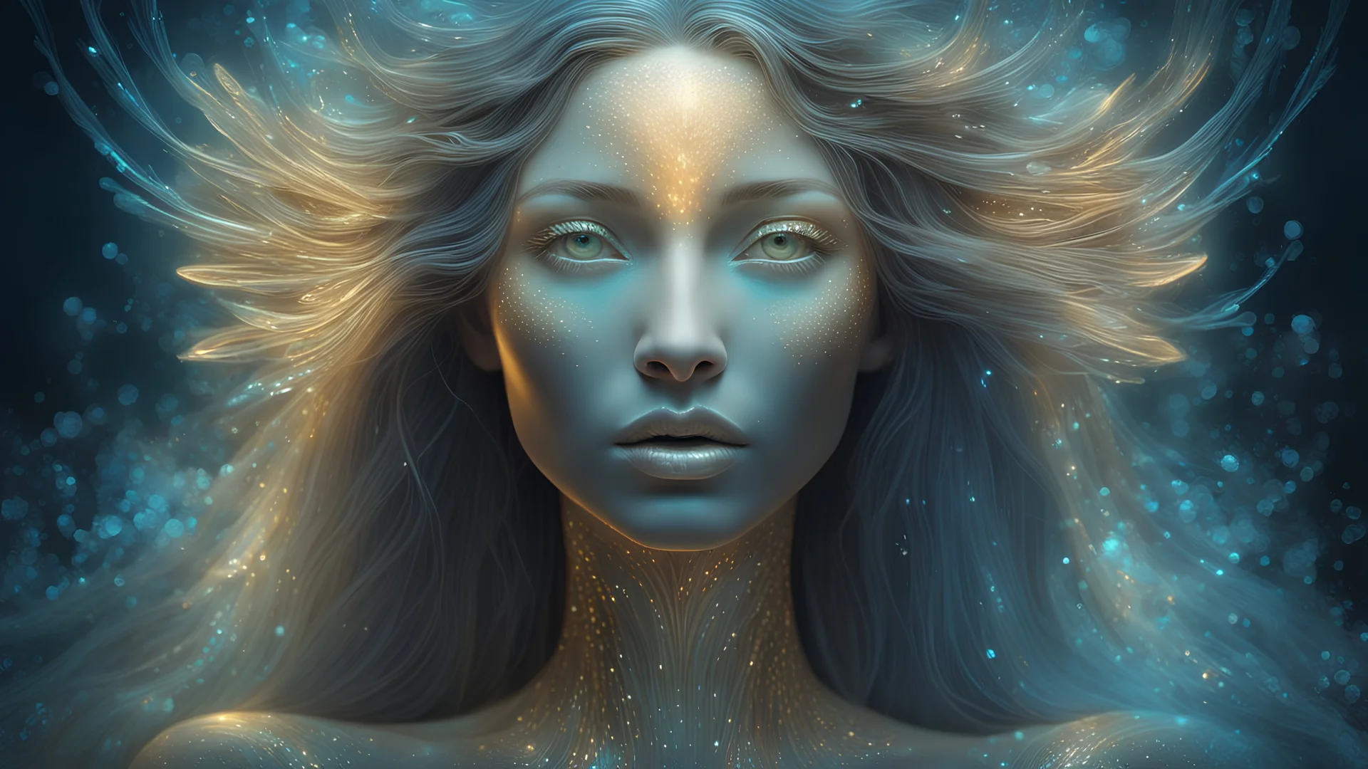 embossed, The photograph is made in a bioluminescent art style depicting a divine woman, bird, embossed, bird, Bioluminescent wet translucent glowing skin, ethereal glowing eyes, long neck, bird, perfect face in ultra-realistic details, flowing hair, The composition imitates a cinematic film with dazzling, gold and silver lighting effects. Intricate details, sharp focus, crystal clear skin create high detail. 3d, 64k, high resolution, high detail, computer graphics, hyperrealism, f/16, 1/300 sec