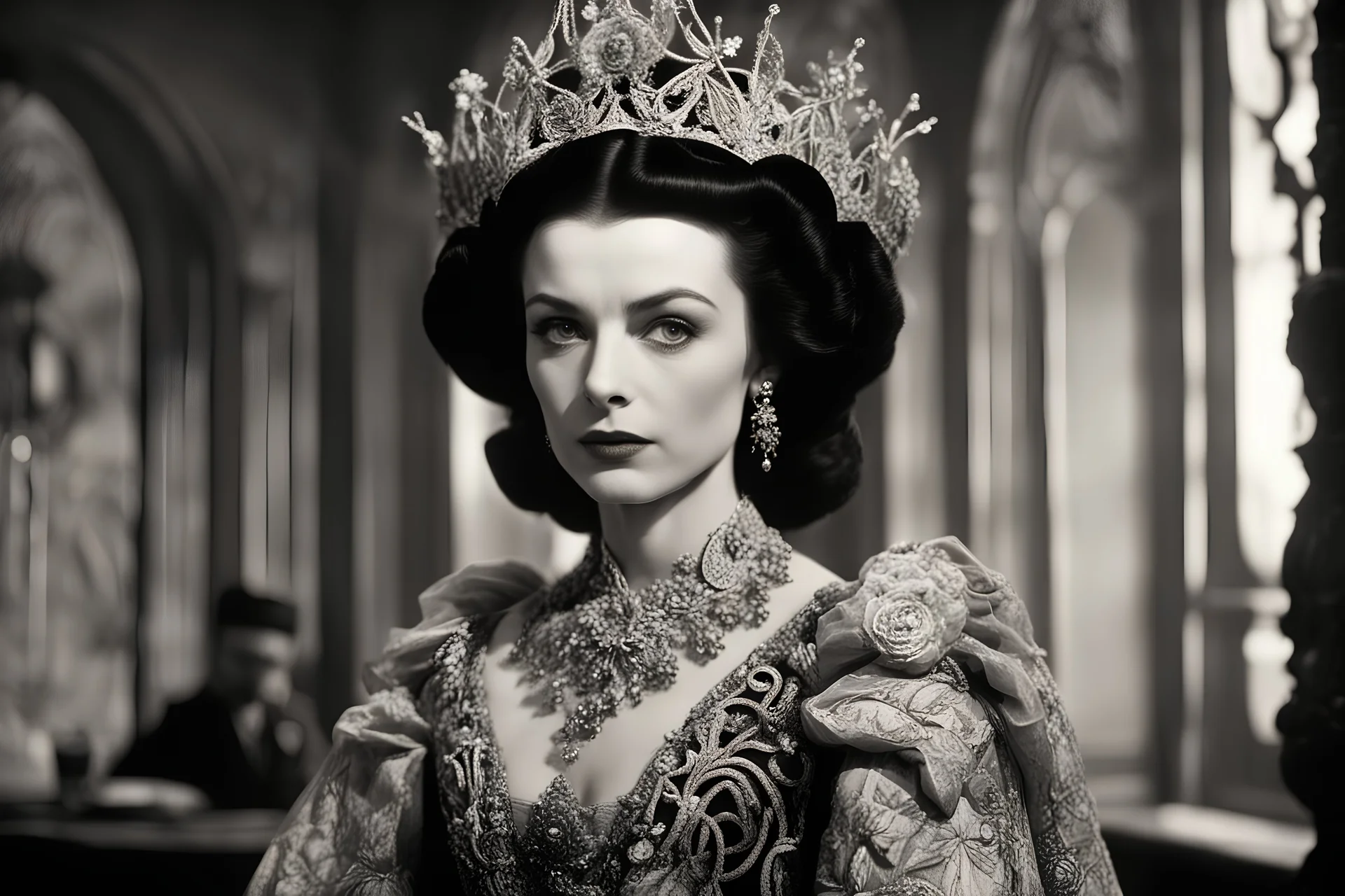 Austrian simbolism, Vivien Leigh Princess wears a Surrealist Armenian embroidered avant-gard fashion, ornamental details,caravaggism, in David lynch movie style