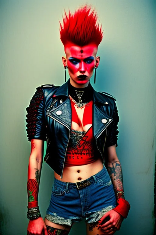 photo of a beautiful Polish young punk woman taken by a Mamiya M645 camera with portrait lens on colour medium-format film, red lips, blue eyes, red mohawk, black leather jacket, Ramones style, heavy boots, fishnet stockings, torn t-shirt, nosering, few earrings, belly ring