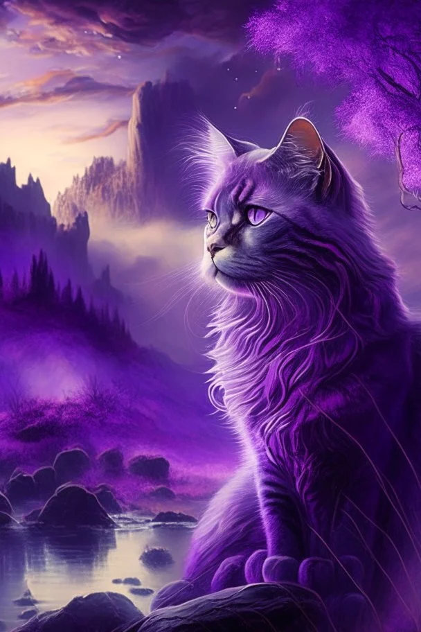 majestic cat, violet tones, fantasy landscape