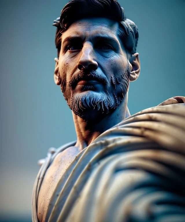 Realistic image, roman sculpture, marble material, Lionel Messi model, miguel angel style, God light, 4k resolution, intricate details, ornate details, soft lighting, unreal engine 5.