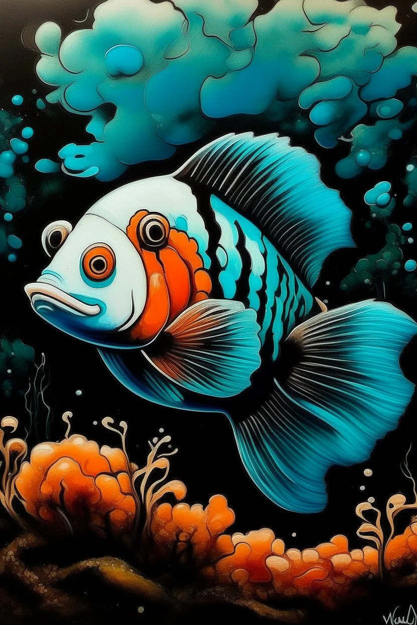 A blackish teal water elemental clownfish painted by Antoni Gaudi
