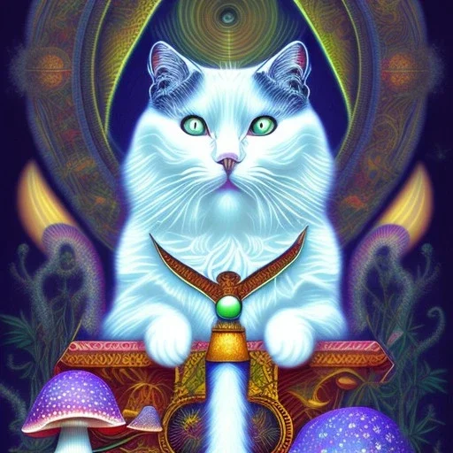 mystical white cat sits on a psychedelic mushroom