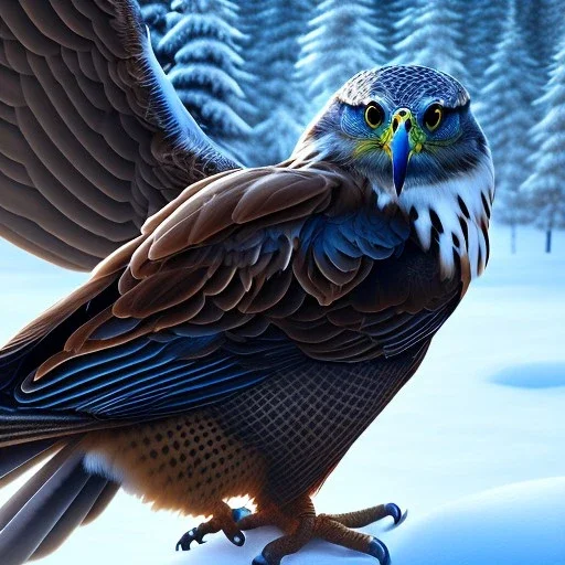 portrait of a bird of prey, feathers, extremely sharp detail, finely tuned detail, ultra high definition, 8k resolution, dynamic lighting, unreal engine 5, ultra sharp focus, mountains, winter landscape, background trees