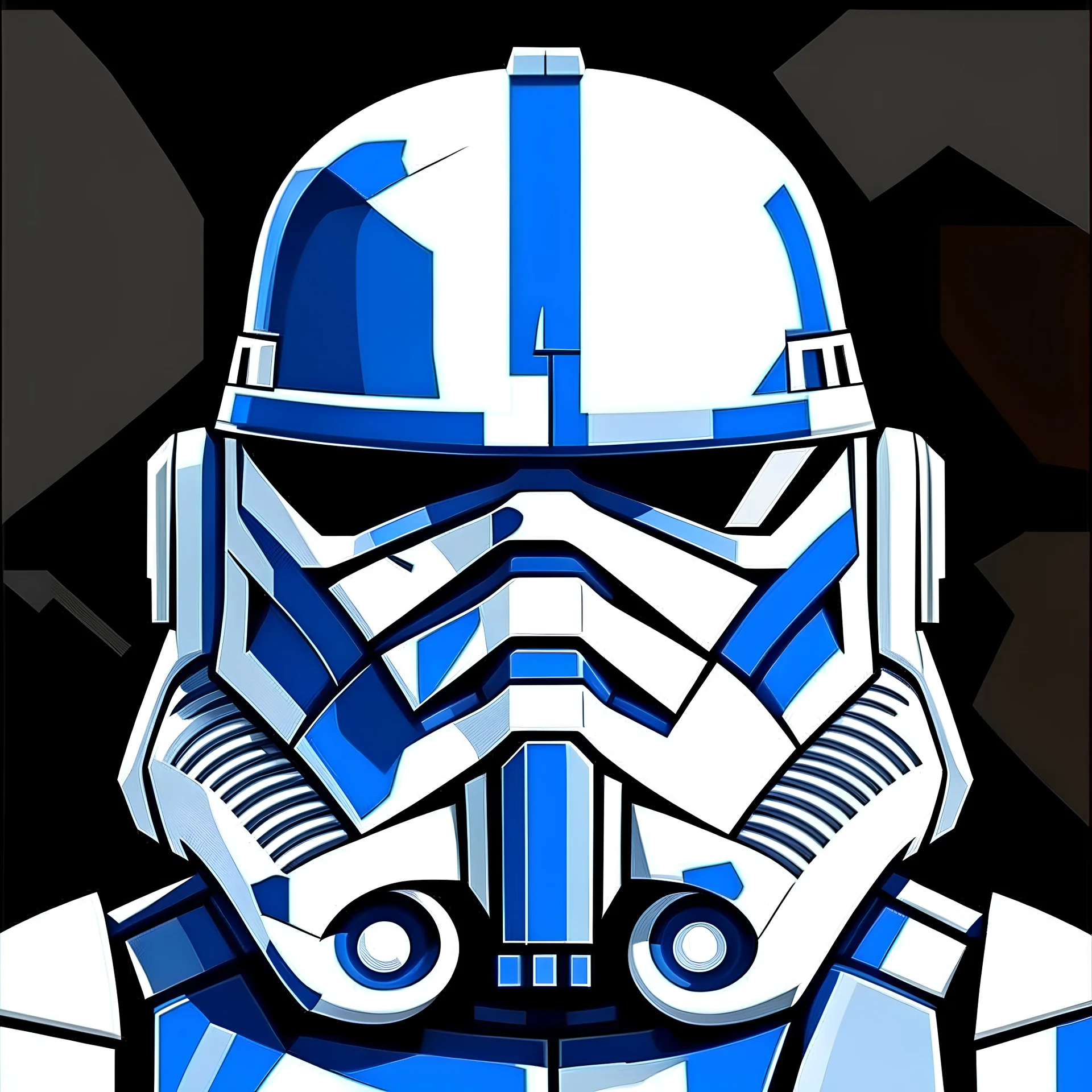 Craft an image of a Star Wars Clone Wars Arc Trooper in the style of abstract art, with a front-facing 2D design. It has Republic logo on the helmet. The helmet should be geometric, stark, and utilize black, white and a touch of blue. It should be placed against a plain white background, filling the majority of the square frame, and stripped of any detail that does not contribute to its minimalist aesthetic.