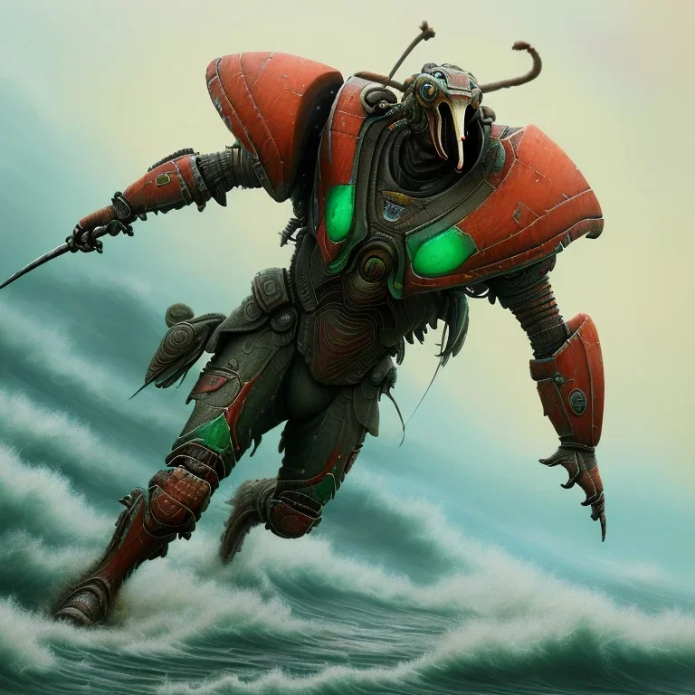 an ibis warrior in orange and green full battle armor, a highly detailed illustration, background of giant crashing ocean waves, realistic render, 8 k, micro detail, intricate, elegant, centered, digital painting, Artstation, smooth, sharp focus, illustration, artgerm, tomasz alen kopera, peter mohrbacher, donato giancola, joseph christian leyendecker, wlop, boris vallejo