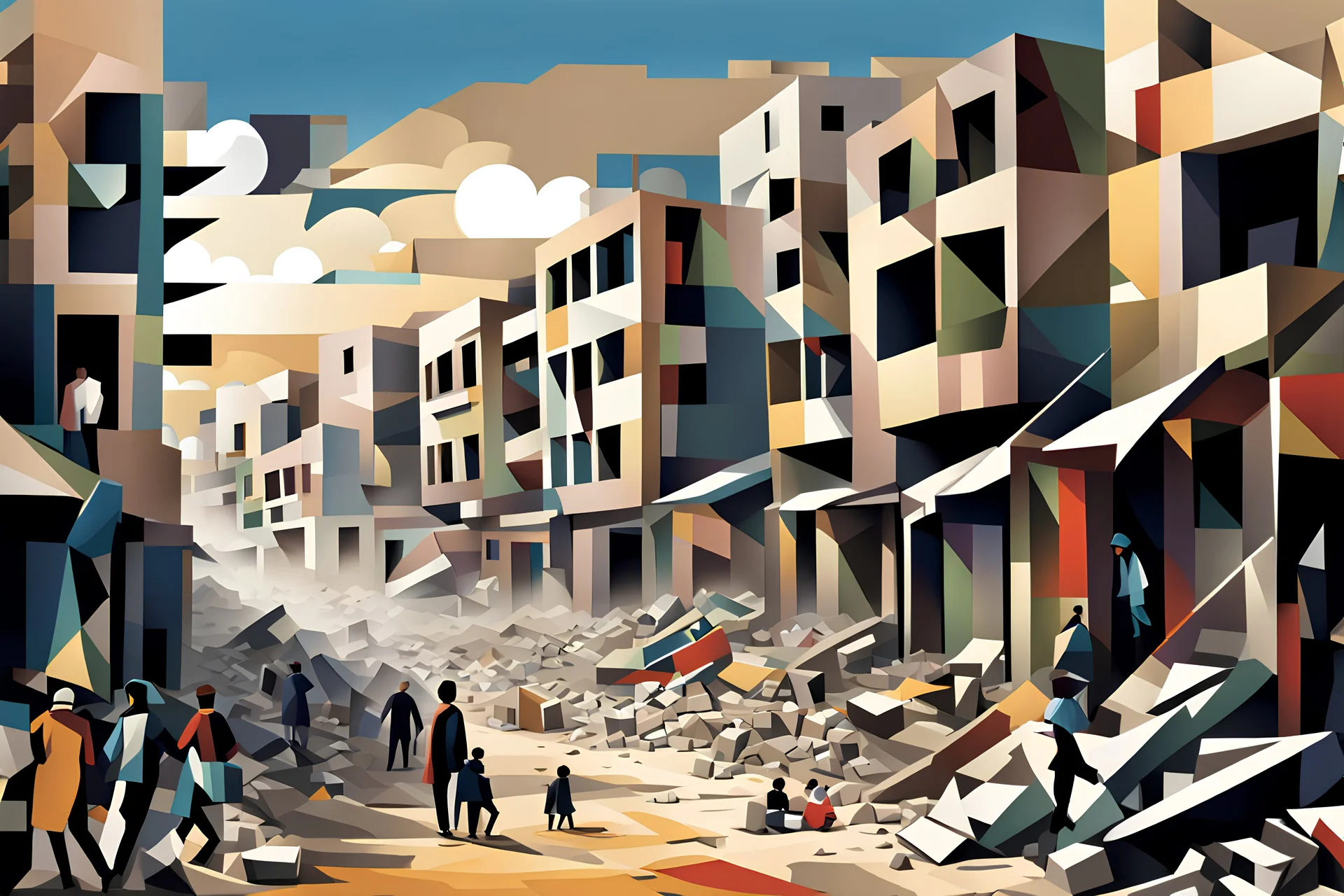 Gaza, edificios destruidos, niños, mujeres y hombres muertos, arte illustriation estilo cubista, calidad ultra, hiperdetallado, 12K