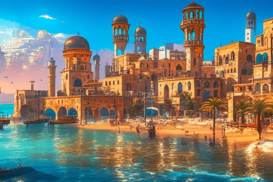 image taken of jaffa, by the sea shore, old stunning buildings, 4k, masterpice, award wining picture, in style of city of numemor from lord of the rigs