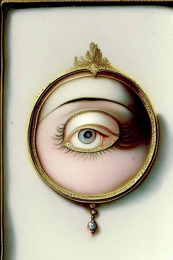 Set in rose-gold, mesmerizing—and bizarre is a Lovers Eye, Part-portrait, part-jewel, the miniature portraiture of a single eye of a beloved, painted with watercolor on ivory,18th century style, the beloved's eye floats uncannily against a monochromatic background. No other facial features anchored it, except an eyebrow. All focus on the composition’s core of a dark iris gazes ardently from behind a soft, love-drunk lid. Lovers eye portraiture, romantic, realism, Victorian, surrounded by blue ve