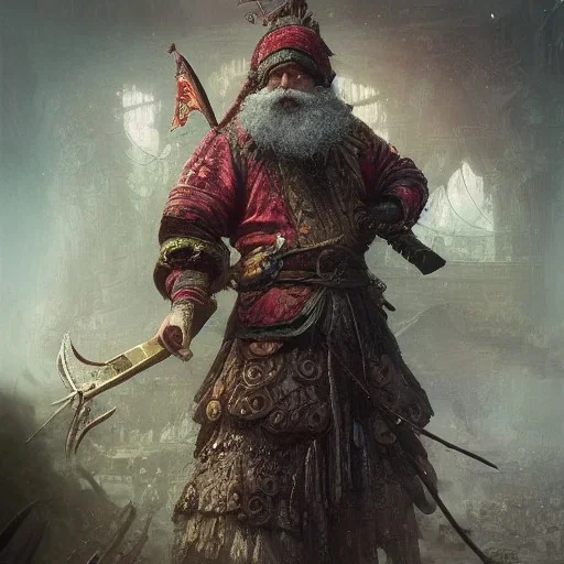 Insanely detailed photograph of an “warrior santa” with intricate detailed beard, intricate embroidered clothing, hyperdetailed painting by Ismail Inceoglu Huang Guangjian and Dan Witz CGSociety ZBrush Central fantasy art album cover art,8K, hdr, romantic, mysterious, ominous, flowers, jewelry, steam,oil,cafe,street vendor,steamship,D&D