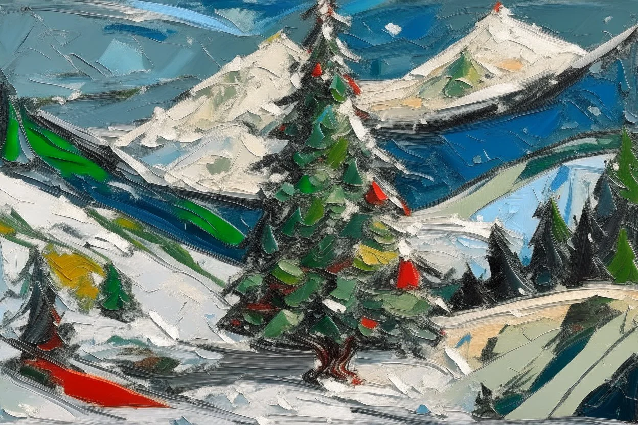 Christmas tree on a snow covered mountainside in the style of Frank Auerbach