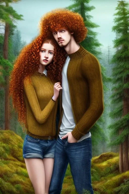 Jeune couple, visage hyper détaillé, réaliste. Forêt fantaisiste détaillée,paysage magnifique, Fille rousse aux cheveux raides et longs, garçon grand, musclé très longs cheveux bruns très bouclés. Fille jean pull, garçon tenue de bûcheron.