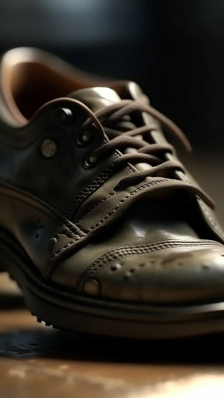 A hyperrealistic shot of An old army leather shoes with a hole in front and small mouse in it intricate details, soft natural light, screen captured from 4K Blu-ray