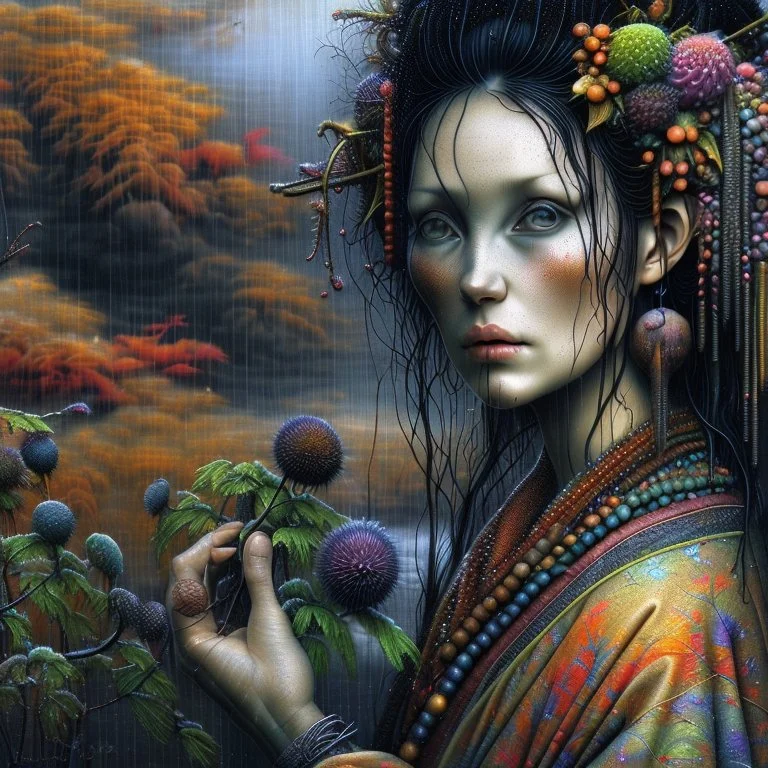 Richly textured Hieronymus Bosch, Catrin Welz-Stein, William Turner, Zdzisław Beksiński, Jacek Yerka oil on canvas zentangle line art style mix, surreal frosted fantasyland winter oceanscape, hoarfrost on trees, high grasses, snow and cottages, withered flowers, pale sunrise; paint splatter, beautiful vibrant colors, reflections, SK, flying seagulls, dramatic clouds, snowfall.