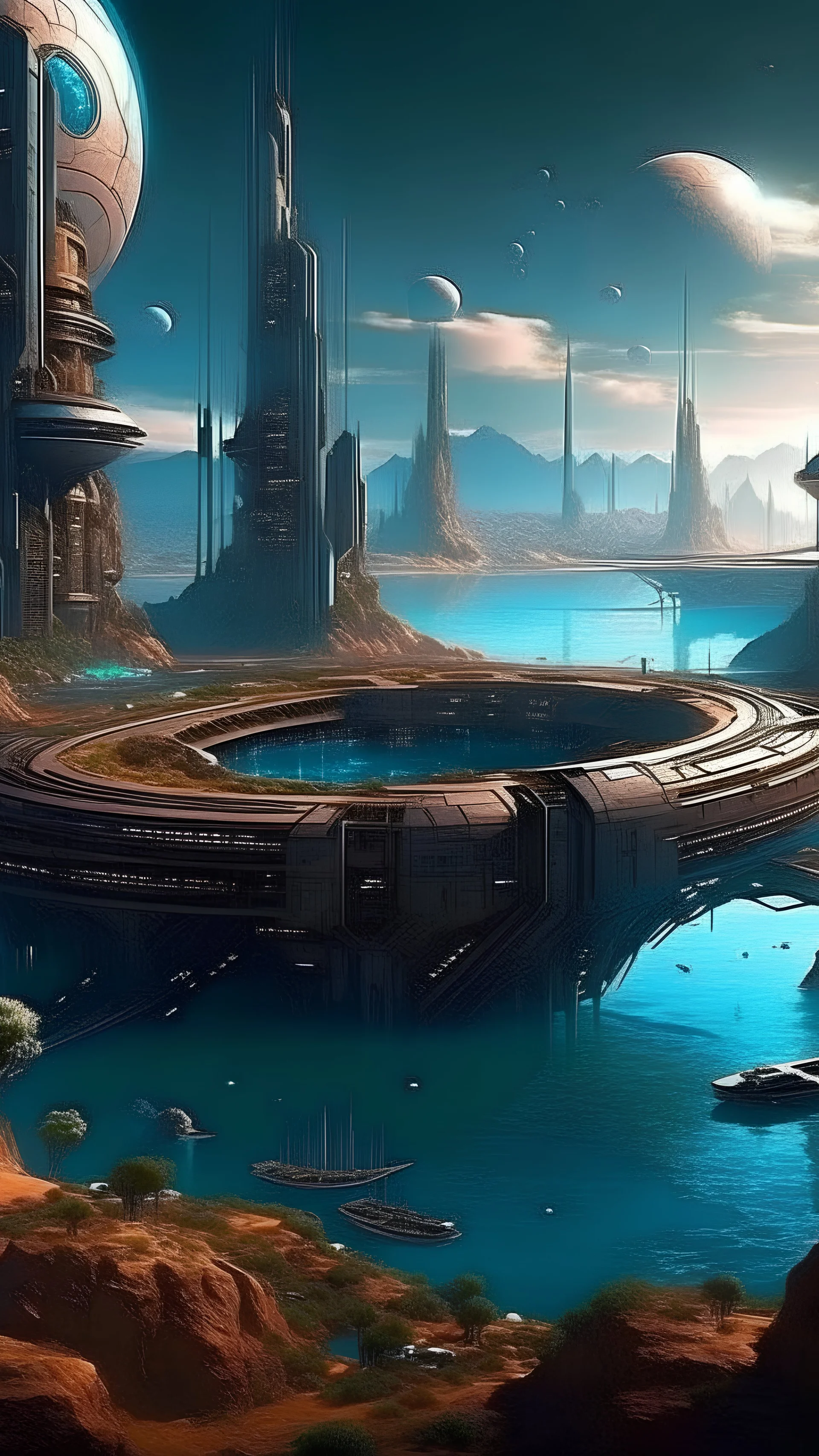 sci fi planet, harbour city, beautiful scenery