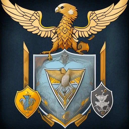 Fantasy setting, coat of arms of an unwelwoming and secret seaside city, with a kestrel holding a black anchor in its talons. The kestrel is encircled by a navy blue ring and a yellow half circle shape above it.