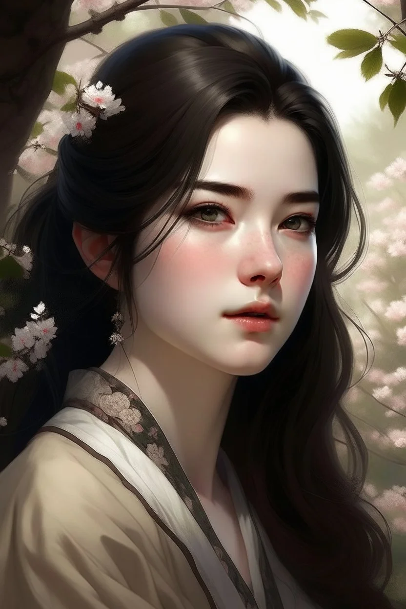 Beautiful Girl in the garden, 18 century, brunette, literally dark hair, dark eyes, fat, smell of sakura, rest, detailed face