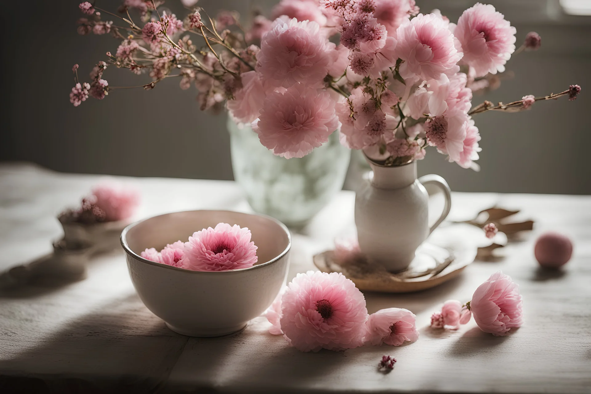 a vase filled with pink flowers on top of a table, unsplash photo contest winner, wlop : :, vignetting, connection rituals, folk medicine, joongwon jeong, what happens after death, wild vegetation, photograph of april, soft blur and glow, wild berries, blog-photo, gifts, blurred detail