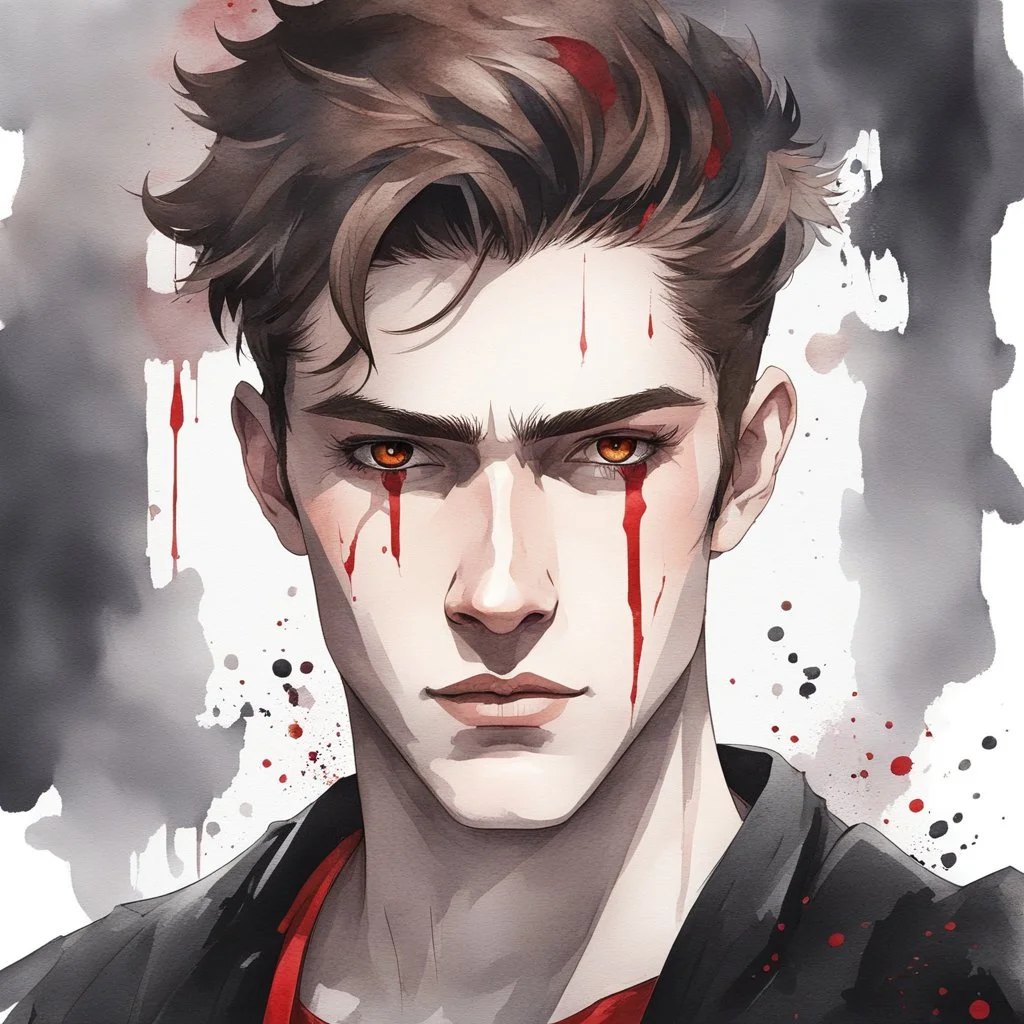 A portrait headshot of a confident looking young man with pale skin, red eyes, and brown hair in a dark modern setting with intricate details. He is wearing black and red casual clothes, an air of malevolent power surrounds him. watercolor splash art