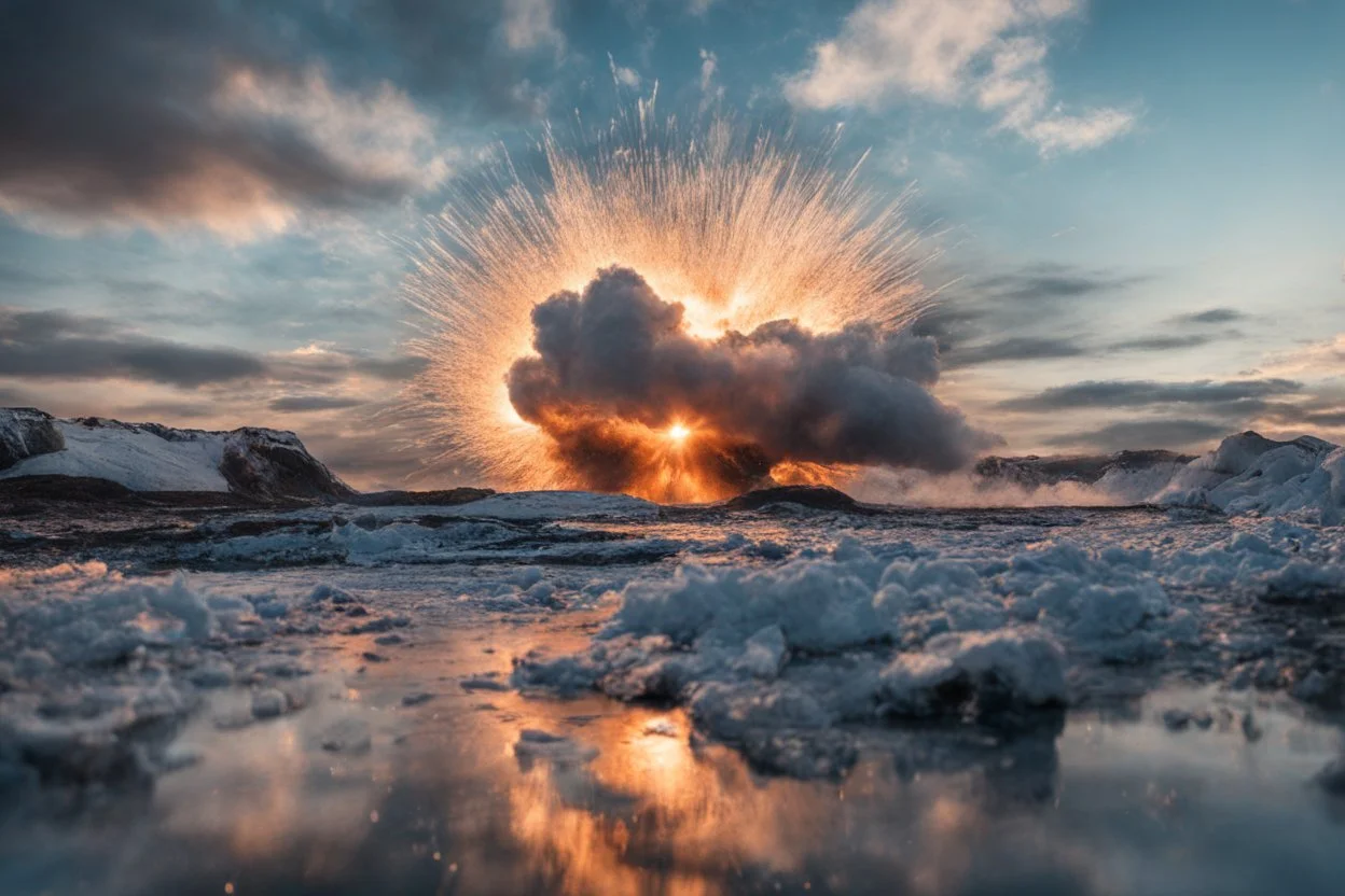 Atomic explosion, made of ice, ULTRA REALISTIC, details, intricate detail, professional lighting, film lighting, 35mm, anamorphic, lightroom, cinematography, bokeh, lens flare, film grain, hdr10, 8k, Roger Deakins, incredibly detailed, reflect, sharpen