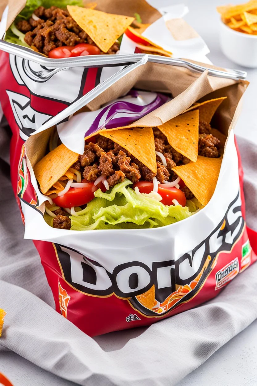 "Taco in a Bag" which consists of an open Doritos chip bag with sides rolled down, containing Doritos chips and cooked ground beef and lettuce and shredded cheese and chopped tomato pepper and onions and topped with more nacho chips, food blogger photography