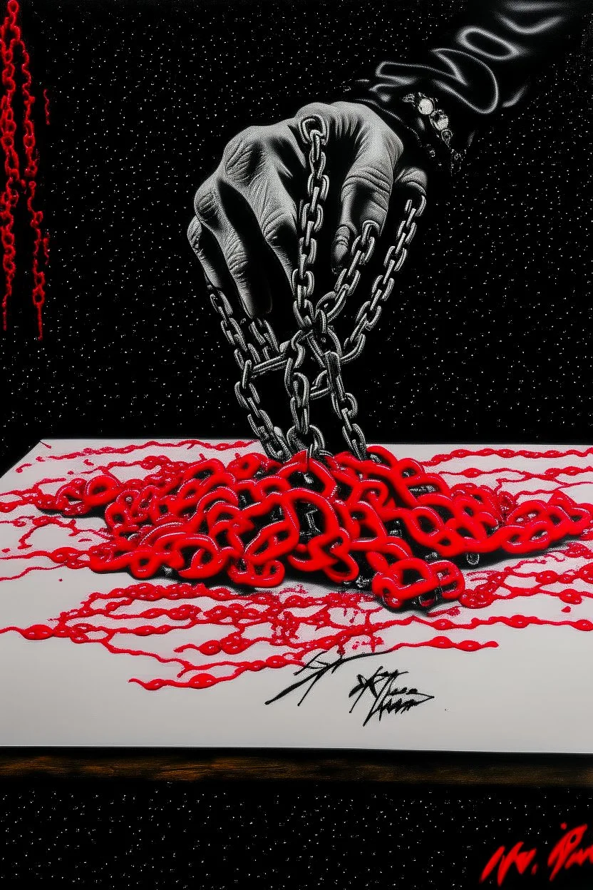 chained hand writing with a red fountain pen, mixed media of acrylic, watercolor, oil, gouache, and ink, by WLOP and Jermy Mann