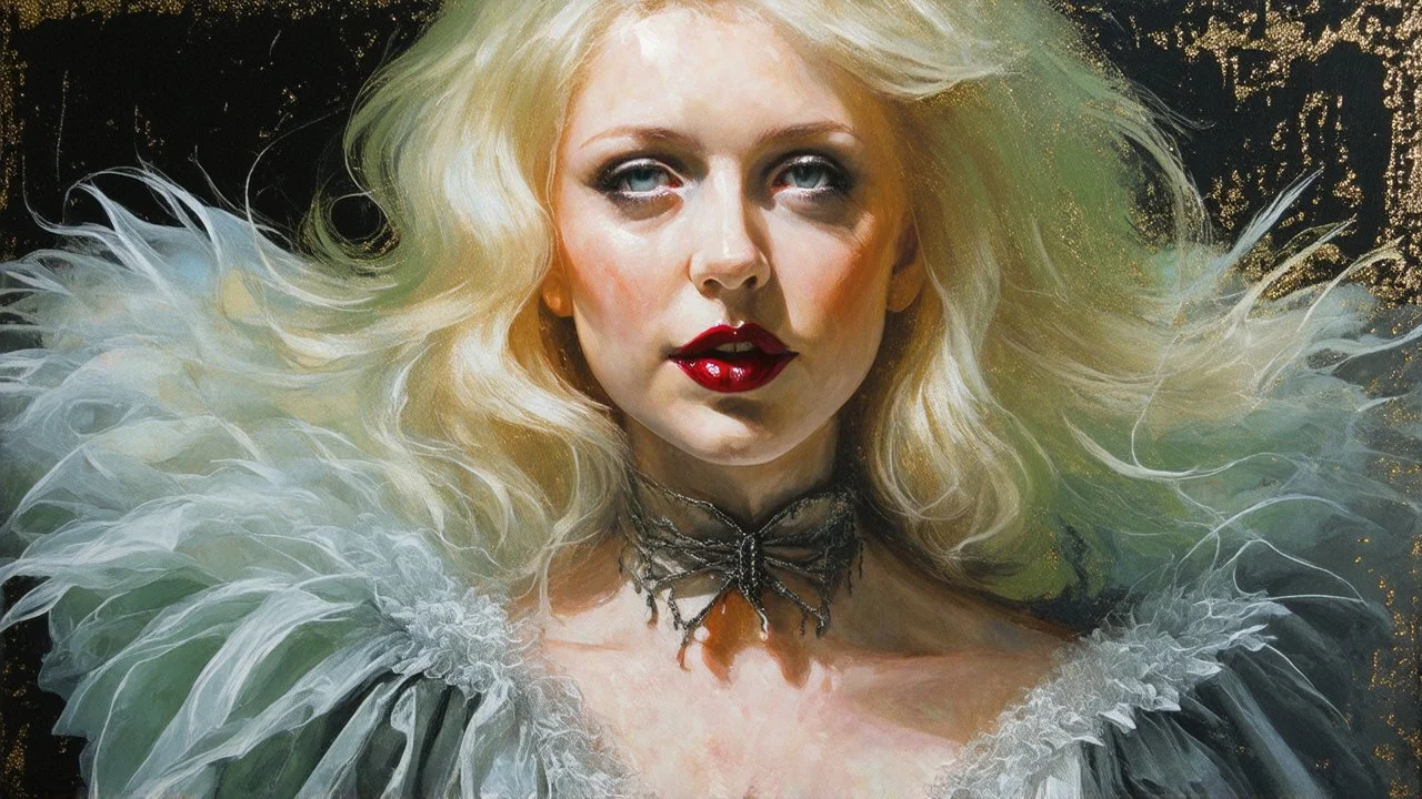 old worn plain canvas, grunge, layered, embossed, double exposure, artistic luminous watercolor, glitter, midground, luminosity, highlights, gold highlights, dark grey green highlights, portrait of victorian gothic platinum blonde woman, red lips, fluffiness, wind, airy fluttering dress, swirls, layered, blending, textured, 3D, 8K, best quality, fine rendering, high detail, hyperrealism, high resolution, high definition, layered, pin sharp, hyperfocus, vignette