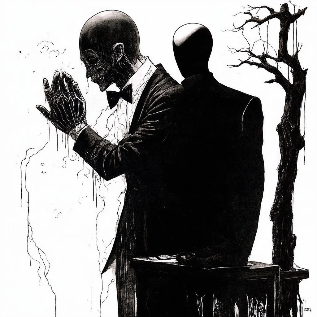 nihilism, Slenderman mourning. gnostic emptiness, by Martyn Turner and Wassily Kandinsky, surreal, horror, double exposure, complex composition