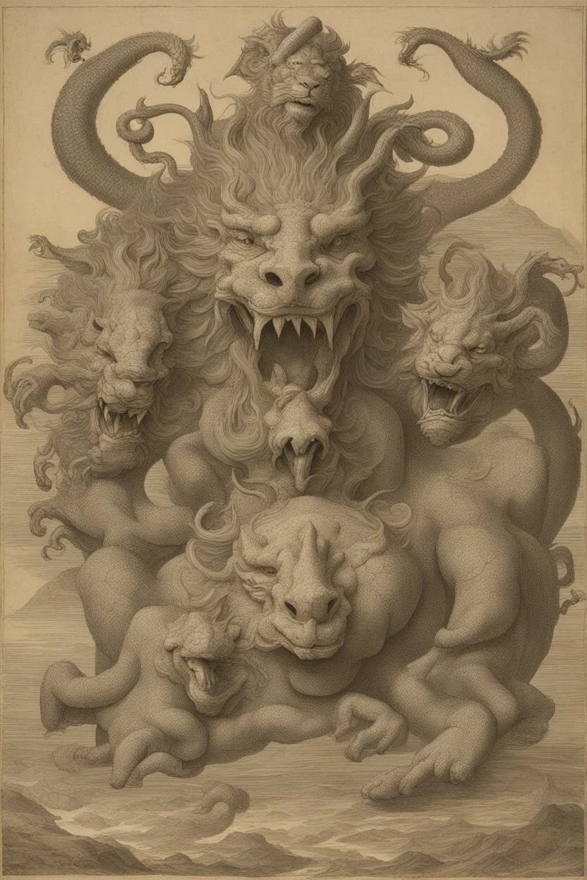 A three-headed dragon with the head of a lion, the head of a man, and the head of a bull